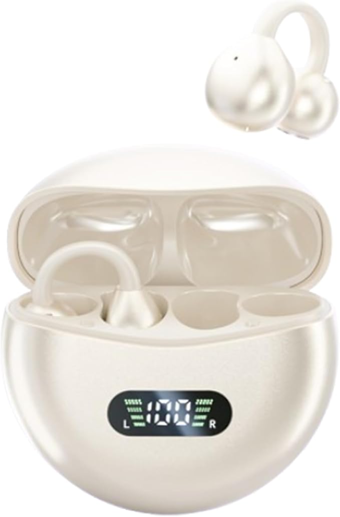 Open Ear Clip Headphones Wireless Earbuds Bluetooth 5.4 Sports Earphones Wireless Charging Case & LED Power Display Waterproof Fitness Headphones for Running (Yellow)