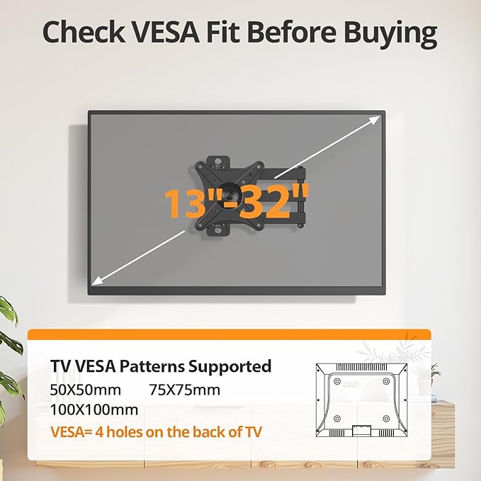 IWORKBOARD Full Motion TV Monitor Wall Mount Bracket for Most 13-32 Inch LED LCD Flat Curved Screen, Max VESA 100x100mm up to 33lbs, 360° Rotation Swivel Tilt Extension，Adjustable Articulating Arms