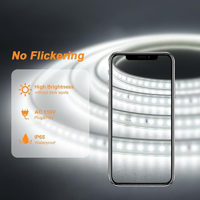 LED Strip Lights Outdoor Waterproof, 600 LEDs, 6500K Cool White, 16.4ft LED Rope Lights for Bedroom, Kitchen, Garden, Patio, Indoor Christmas Decoration, AC 110V (White Light, 16.4 ft)