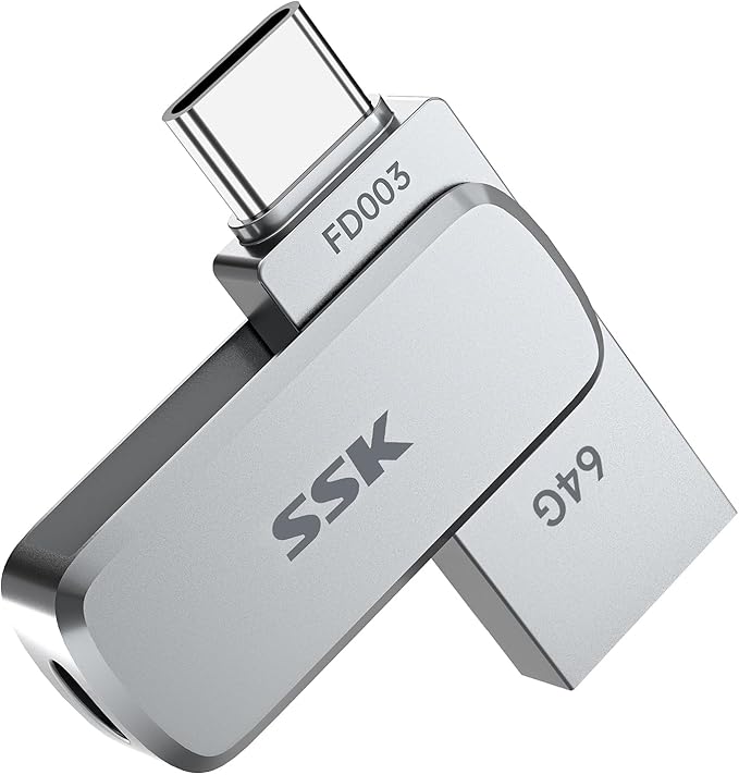 SSK 64GB Dual USB Flash Drive USB C Thumb Drive, up to 240 MB/s Type-C and USB-A 3.2 FlashDrive Memory Stick, Zinc Pendrive for iPhone 15/16Pro/Win/Android OTG with Water, Dust, and Drop Resistance