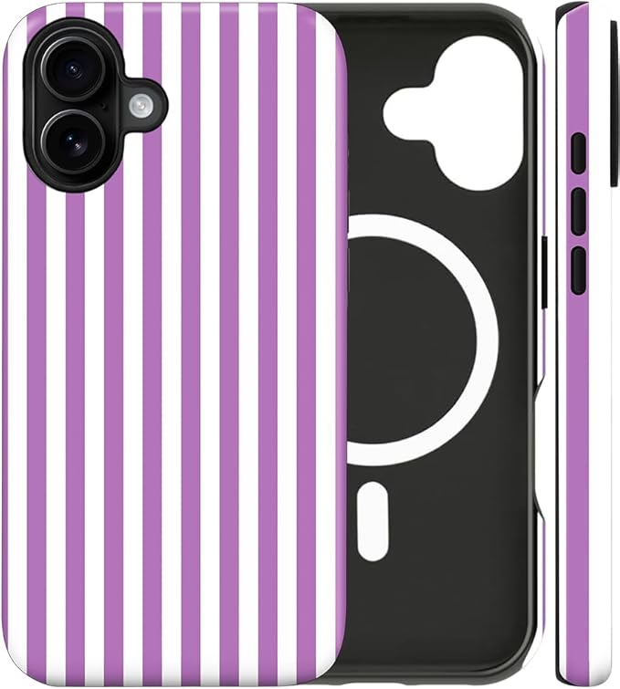Magnetic for iPhone 17 Case Cute Stripes Phone Case, Shockproof Slim TPU and Hard PC Protective Phone Cover Compatible with MagSafe Designed for Women Girls, Purple