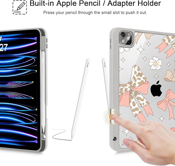 Tuiklol for iPad Pro 12.9 Inch 6th/5th/4th/3rd Generation 2022 2021 2020 2018 Case,Built-in Pencil Holder Clear Transparent Protective Back Shell Cover with Auto Sleep/Wake, Leopard Bow Pink