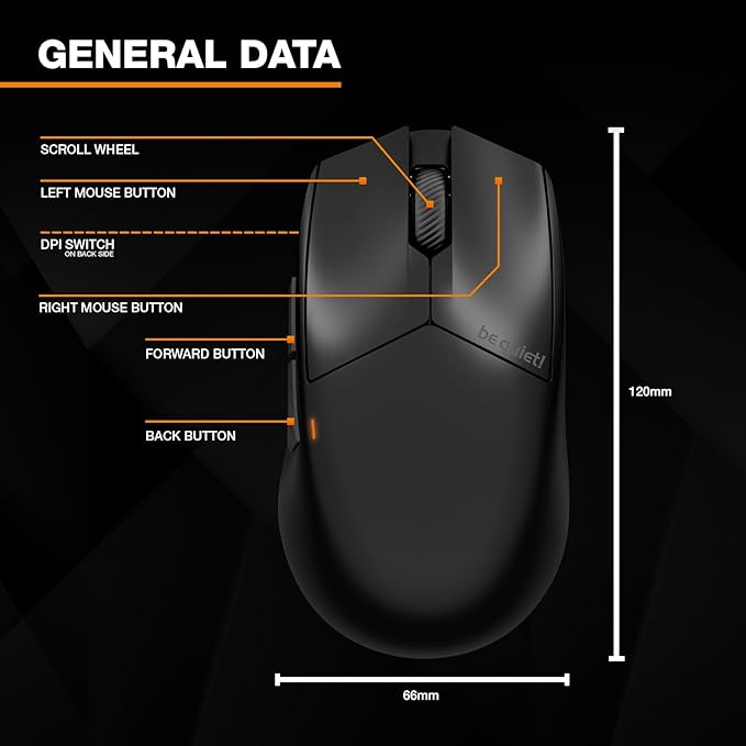 be quiet! Dark Perk Ergo PC Gaming Mouse, 55g Lightweight, Ultra-Long Wireless Battery Life, 8,000Hz Polling Rate, PixArt PAW3950 Sensor, 32,000 DPI, Optical 70m switches, 100% PTFE Glide Skates