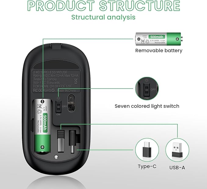 Halpilt LED Wireless Mouse A100S Rechargeable Portable Silent Mouse with Optional USB and Type-C Receiver 3-Speed Adjustable DPI for PC/Mac/Laptop (Frosted Black)