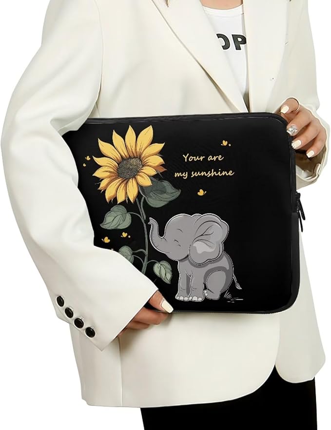 Sunflower Elephant Laptop Sleeve Case for Kids 12 Inch Laptop Protector with Multiple Uses Lightweight Computer Sleeve Tablet Bag Laptop Carrying Case Gifts for Girls Black