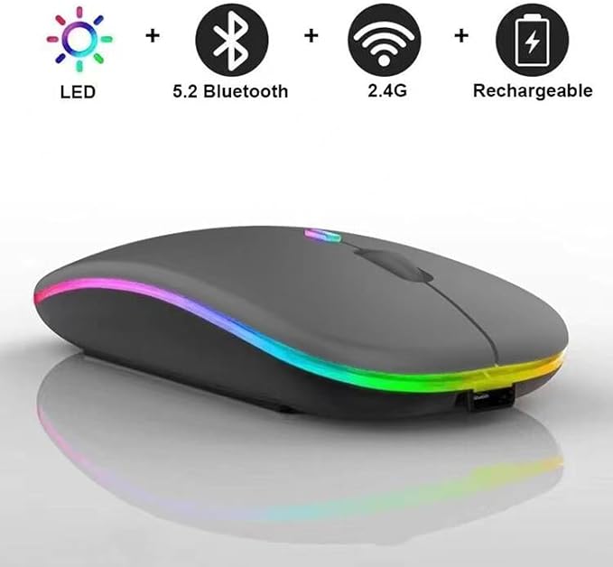 Guiheng Wireless Bluetooth Mouse,LED Dual Mode Rechargeable Silent Slim Laptop Mouse,Portable(BT5.2+USB Receiver) Dual Mode Computer Mice,for Laptop,Desktop Computer,ipad Tablet,Phone,TV (Grey)