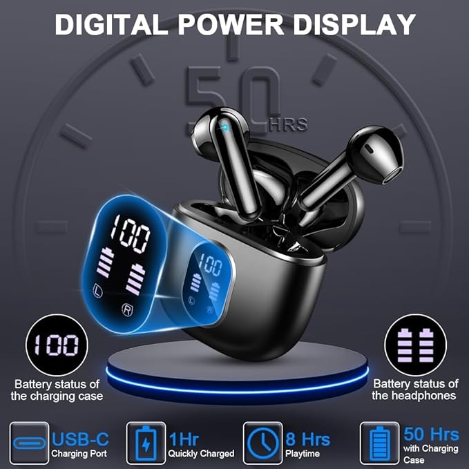 Wireless Earbuds, Bluetooth 5.3 Headphones in Ear 50H Playback Hi-Fi Stereo Ear Buds 4 ENC Mics, Bluetooth Earbud LED Display Charging Case 2024 Wireless Earphones IP7 Waterproof Sport for Android iOS