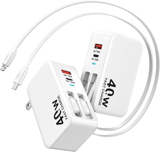 4-in-1 Retractable Wall Charger, 40W Retractable iPhone Charger Wall Plug with Dual 3ft Lightning + Type C Charging Cables, 4-Ports USB C Charger Foldable Block for iPhone 17 16 15 14 13 12 11 8 7