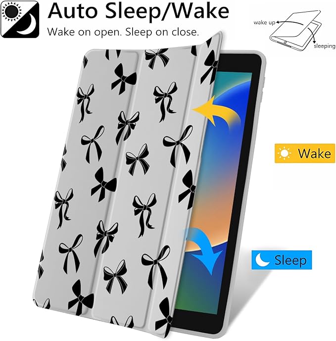 JOYLAND Cool Black Ribbon Bowknot Case for iPad 7th/8th/9th Generation, Clear Transparent Acrylic Hard Back Grey Case with Pencil Holder Trifold Stand Tablet Cover for iPad 10.2" 2019/2020/2021