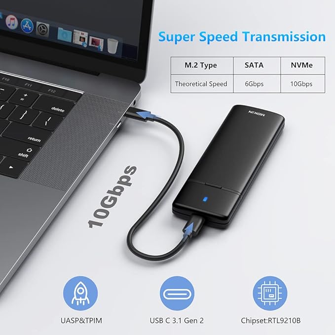 MOKiN M.2 NVMe SATA SSD Enclosure Reader Tool-Free, NVMe PCIe SSD to USB C Adapter Reader Case