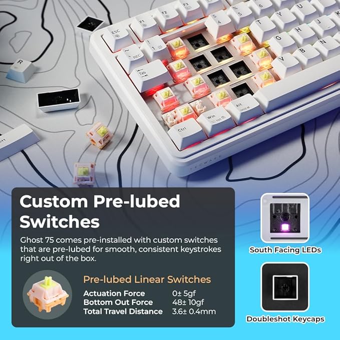TECWARE Ghost 75% Wireless Mechanical Keyboard | RGB Gaming Keyboard with Volume Knob | Tri-Mode 2.4GHz/Bluetooth/USB-C | Gasket Mounted | Hot Swappable Pre-Lubed Linear Switches | 4000mAh | White