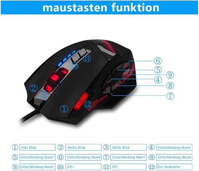 zelotes Professiona Wired Gaming Mouse,4800 DPI,12 Programmable Buttons,Weight Tuning,High Precision,Multi-Modes Backlit,Ergonomic Design,USB Optical Mouse Mice for Laptop,PC,Mac,Black