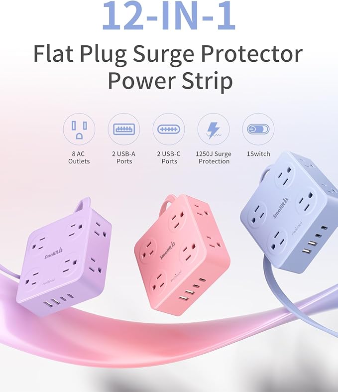 Extension Cord with Multiple Outlets, SMALLRT Flat Plug Power Strip, 10FT Power Strips with Surge Protection with USB Ports, 8 Outlets, Surge Protector Outlet Extender for Home Office Supplies, Blue