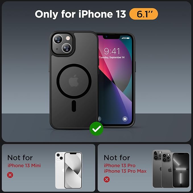 Miracase Magnetic for iPhone 13 Case 6.1 inch (Compatible with MagSafe)（with 2X Screen Protectors） Military-Grade Protection, Anti-Fingerprint Translucent Matte Phone Case Cover, Black