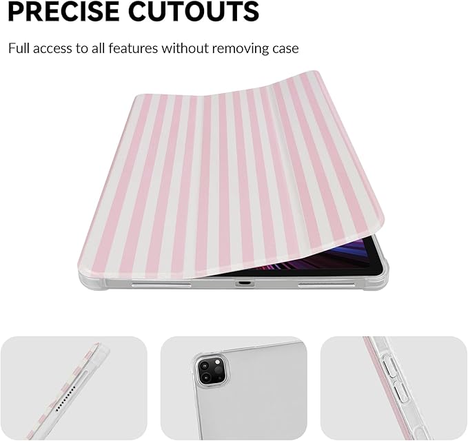 Lovmooful Compatible for iPad Pro 11-Inch,2022/2021/2020/2018 Model(4th/3rd/2nd/1st Generation) Case with Pencil Holder Cute Striped with Aesthetic Design Soft TPU Trifold Stand Protective-Pink&White