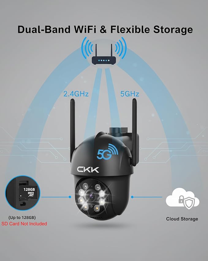 CKK 2K Security Camera Outdoor Corded Power, 2 Pcs 3MP PTZ WiFi Home Security Camera - 2.4G/5G Dual-Band, 360° Pan-Tilt, Color Night Vision, Motion Alerts, 2-Way Audio, 24/7 Recording, Waterproof