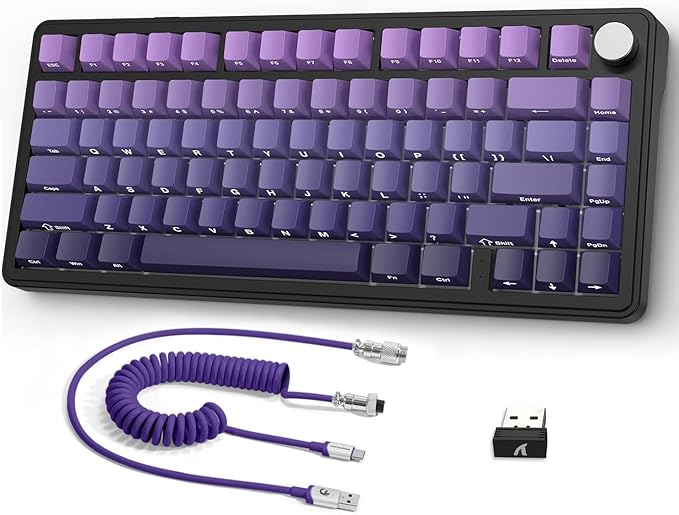 ATTACK SHARK X85 Wireless Mechanical Gaming Keyboard with Knob Hot Swappable BT5.1/2.4Ghz/USB-C Side Print PBT Keycaps 75% Gasket Mount RGB Coiled Cable Linear White Jade Switch for PC/MAC/Win-Purple
