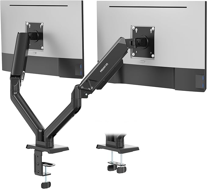 Mount-It! Dual Monitor Mount, Full Motion Spring Arms, Fits 17–32″ Screens up to 19.8 lbs Each, VESA 75x75 & 100x100, Tilt/Swivel/Rotate, Clamp or Grommet Dual Monitor Desk Mount