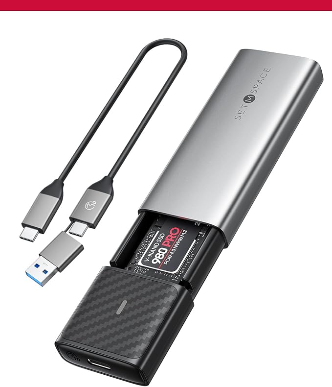 NVME Enclosure, SETMSPACE Tool-Free M.2 Enclosure with 2-in-1 USB C Adapter, External Reader for 2280 2260 2242 2230 NVME SATA SSD of M Key or B+M Key, Gray Aluminium Alloy M2 Case Come with Heatsink