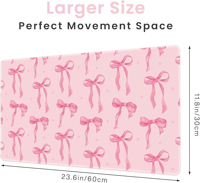 Pink Mouse Pad, Pink Desk Mat Bows Laptop Pad Computer Mat, Gaming Keyboard and Mouse Pad Non-Slip Rubber Base, Stitched Edge, Cute Desk Accessories Girly Decor Office Supplies for Women 23.6" x 11.8"