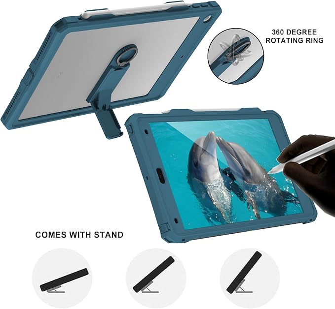 iPad 9th 8th 7th Generation Case Waterproof, Full Body Protective Shockproof Case with Built-in Screen Protector, Pencil Holder, Stand, Shoulder Strap for iPad 9th 8th 7th Gen 10.2 inch Teal