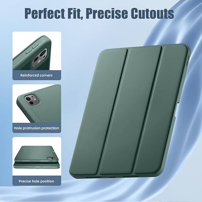 Kidopire New Compatible with iPad Pro 11 Inch Case (M4 2024/M5 2025) with Pencil Holder, Smart Cover with Protective Trifold Stand & Soft TPU Back, Auto Wake/Sleep, Support Pencil Pro, Pine Green