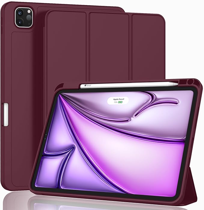 ZryXal New iPad Air 13 Inch Case M3 2025/M2 2024 with Pencil Holder, Trifold Stand Smart Case with Soft TPU Back,Auto Wake/Sleep(Wine)