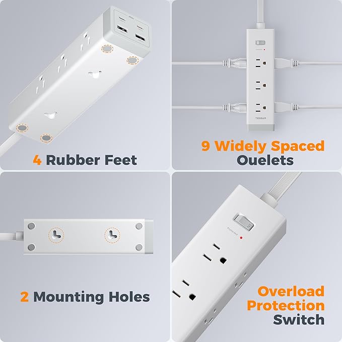 TESSAN Surge Protector Power Strip PD 20W, Ultra Thin Flat Plug 10 FT Extension Cord, 9 Outlets 4 USB(2 USB C), 1050J Protection Multiple Outlets Charging Station for Home, Office, College Dorm Room