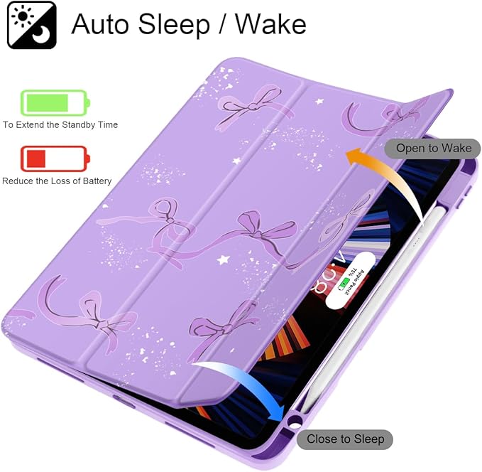 Tuiklol for iPad Pro 11 Inch 4th / 3rd / 2nd / 1st Gen (2022 2021 2020 2018) Case -Built-in Pencil Holder Shockproof Cover Clear Transparent Back Shell with Auto Wake/Sleep, Bow-Purple