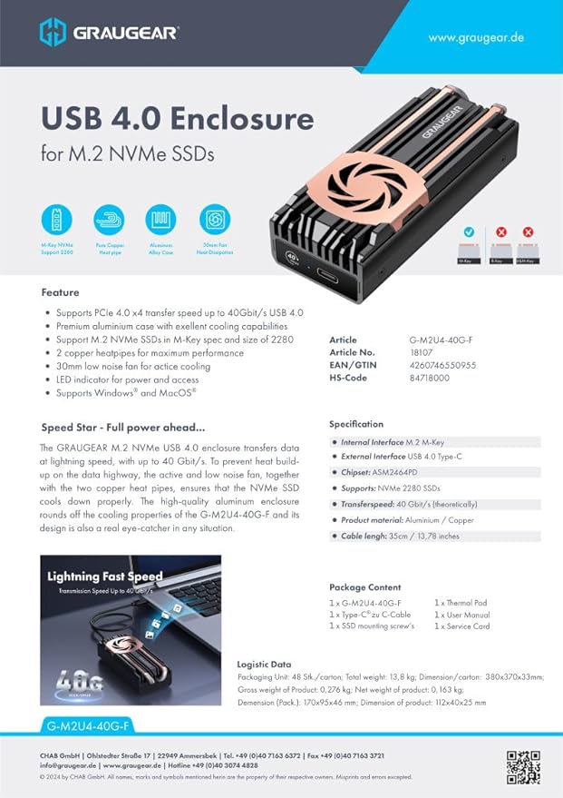 GRAUGEAR USB4 M.2 SSD Enclosure, 40Gbps NVMe SSD Enclosure with Built-in Cooling Fan and Dual-Pipe Heatsink Aluminum Case, Thunderbolt 4/3, ASM2464PD Chip
