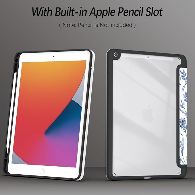 Case for iPad 9th / 8th / 7th Generation (2021/2020/2019) 10.2 inch, Case with Pencil Holder, Stand Clear Back Cover Cute Cool Design for Women Girls, Auto Sleep/Wake, Blue Flower