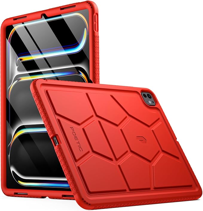 Poetic TurtleSkin Case for iPad Pro 13 Inch (M5) 2025 / (M4) 2024, Heavy Duty Shockproof Rugged Kids Friendly Drop Protection Silicone Cover Case, Red