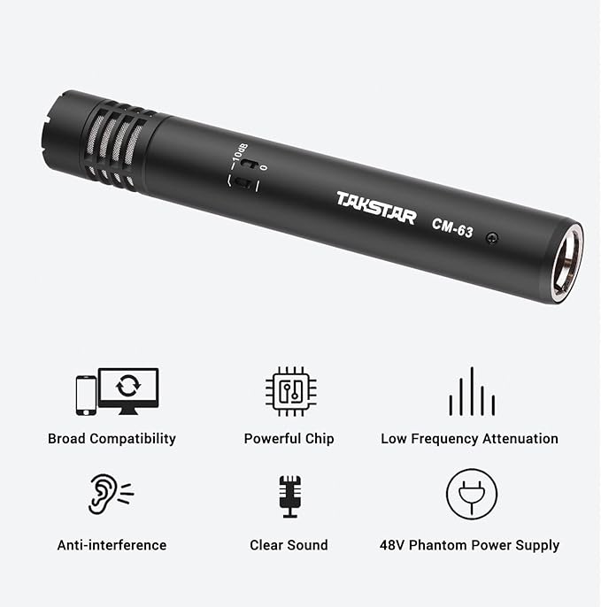 TAKSTAR Instrument Microphone with Clip, Cardioid Condenser Professional Instrument Mic, XLR Gold-Plated Diaphragm Sound Head Microphone for Studio, Instrument, Interview, Radio Stations CM-63