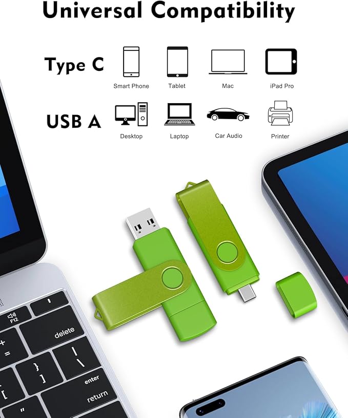 AreTop 4GB USB C Flash Drive Dual USB 2.0 Flash Drive 4GB USB Drive Swivel Design 2-in-1 Portable Type-C Memory Stick for Android Smartphone, Computers, MacBook, Tablets, PC, 1 Pack (Green)