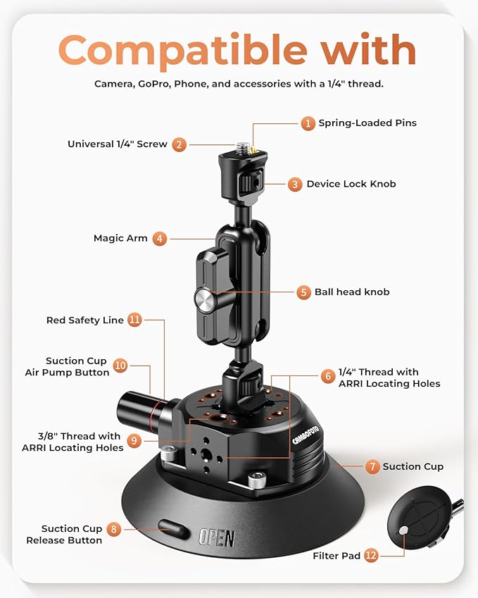 CAMBOFOTO 4.6" Camera Suction Cup Mount with Ball Head Magic Arm, Car Mount with Action Camera Adapter and Phone Holder, Compatible with DSLR Cameras Sony, Canon, Nikon/Phone/DJI/Insta 360