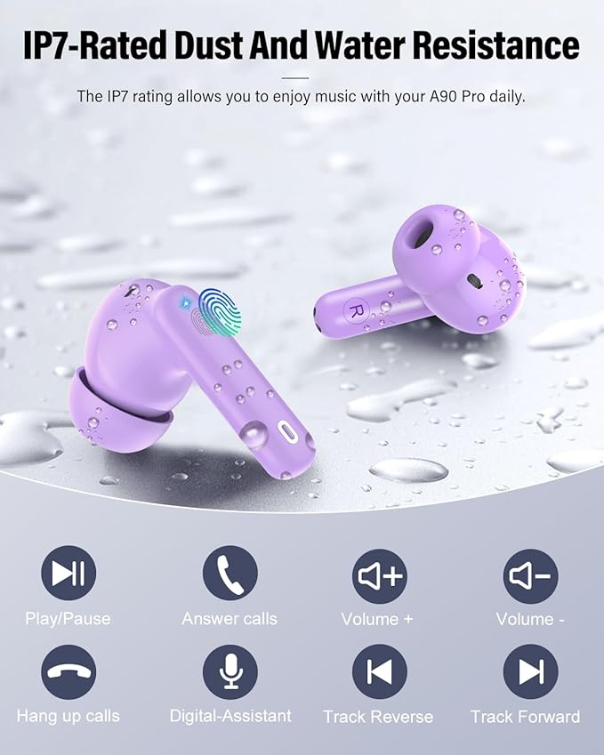 Wireless Earbuds, Bluetooth 5.4 Headphones Bass Stereo, Ear Buds with Noise Cancelling Mic, IP7 Waterproof in Ear Earphones, 36H LED Display Bluetooth Earbuds for Laptop Pad Phones, Pale Violet