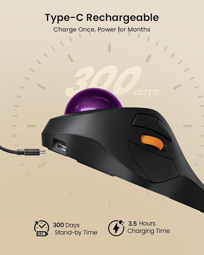 ProtoArc Wireless Bluetooth Trackball Mouse, EM03 NL Ergonomic Rollerball Mouse Rechargeable Computer Mice, 3 Device Connection, Compatible with PC, iPad, Mac, Windows-Purple Ball