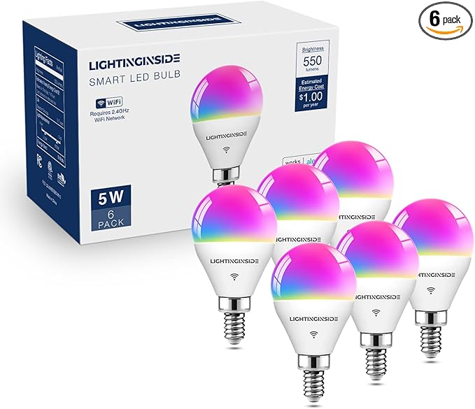 Lightinginside E12 Smart Light Bulbs 50W Equiv., G16.5 RGBCW Candelabra Chandelier Ceiling Fan Smart Bulb Works with Alexa/Google Home/SmartLife, 5W 550LM, 2.4G WiFi Bluetooth Bulb, ETL Listed, 6PCS