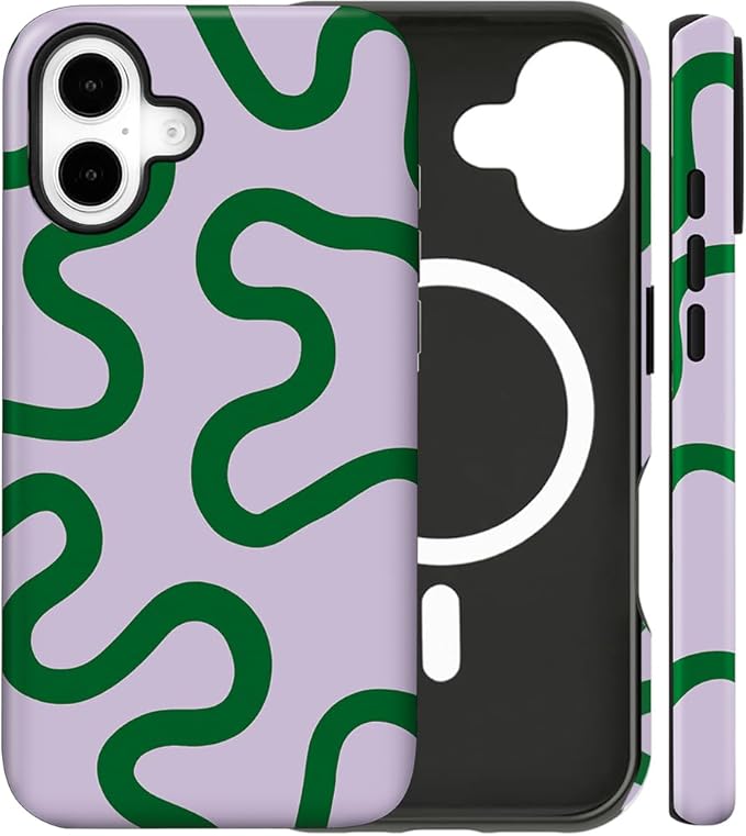 Magnetic for iPhone 17 Case Cute Curved Stripes Phone Case, Shockproof Slim TPU and Hard PC Protective Phone Cover Compatible with MagSafe Designed for Women Girls,Green