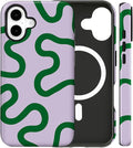Magnetic for iPhone 16 Case Cute Curved Stripes Phone Case, Shockproof Slim TPU and Hard PC Protective Phone Cover Compatible with MagSafe Designed for Women Girls,Green