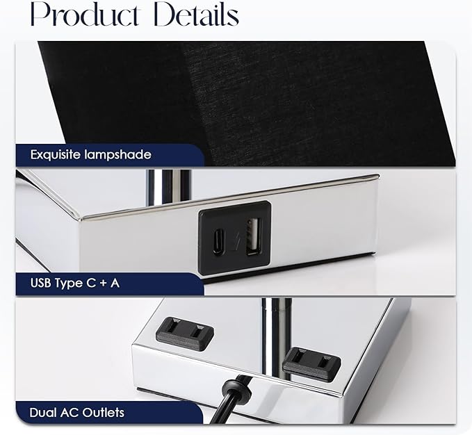 Set of 2 Bedside Table Lamp 3 Way Dimmable Nightstand Lamp with USB C & USB A Charging Port, 2 AC Outlets, 3000K LED Bulbs (Black)