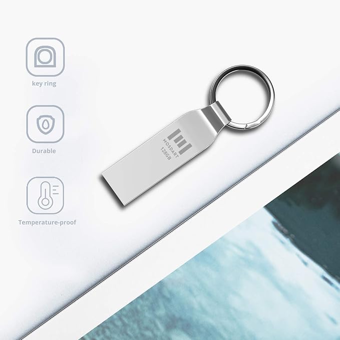 MOSDART Waterproof 128GB USB2.0 Flash Drive, exFAT Metal Memory Stick with Keychain, for System Back, Data Storage, Silver(Pack of 2)