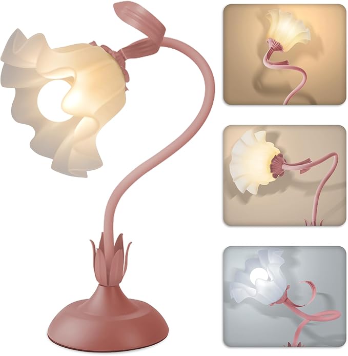Women Bedside Table Lamps for Bedroom, Cute Flower Desk Lamp with Adjustable Flexible Gooseneck, 3 Color Temperatures Nightstand Lamp with E26 LED Bulbs, Floral Lamp for Living Room, Office,Reading