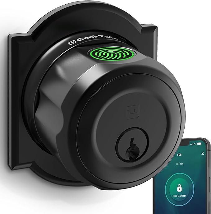 GeekTale Fingerprint Deadbolt, Fingerprint Door Knob, Smart Deadbolt Lock, Smart Door Lock, Twist to Lock&Unlock, Keyless Entry Door Lock with App, for Front Door, Garage, Easy Installation