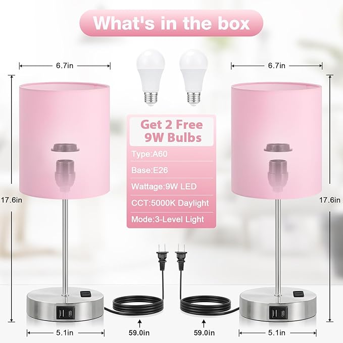 Pink Touch Lamps for Nightstand Set of 2 - Bedside Table Lamp for Bedroom with Dual USB Ports & AC Outlet, 3-Way Dimmable Lamps for Living Room Boys Room, Night Light with 5000K Daylight Bulbs