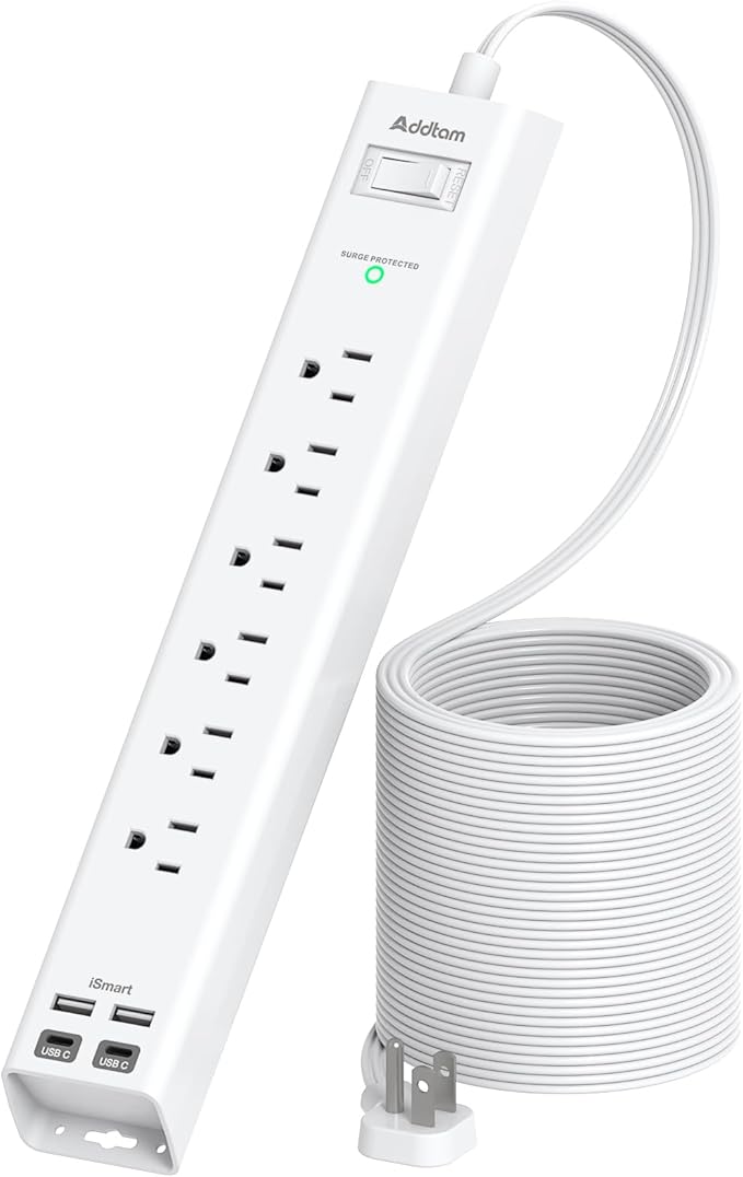 Addtam 10ft Power Strip Surge Protector, 6 Outlets and 4 USB Ports (2 USB C), 10 ft Long Extension Cord with Ultra Flat Plug, Wall Mount Desktop Charging Station for Home Office Dorm Room Essentials