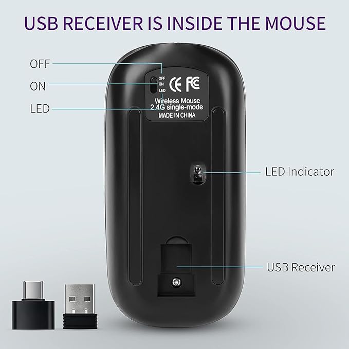 KBCASE Wireless Mouse, LED Wireless Mouse for Laptop, Slim Silent Mouse 2.4G Rechargeable Wireless Computer Mouse for Laptop, MacBook, iPad, Chromebook, with USB & Type-c Receiver
