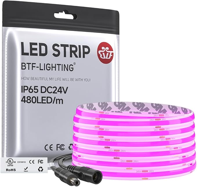 BTF-LIGHTING FCOB IP65 Waterproof Purple Color COB LED Strip 16.4FT DC24V 480LED/m 8mm Width Flexible High Density CRI 90+ Dimmable LED Light for Home Indoor Decor(No Controller or Adapter)