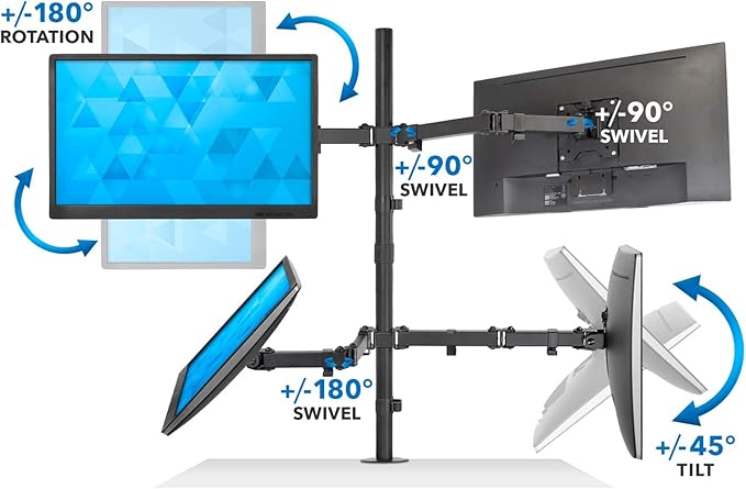 Mount-It! 4 Monitor Stand for Desk | Quad Monitor Desk Mount with Height Adjustable Pole | Fits Four 13–32 Inch Screens, VESA 75x75 & 100x100, Tilt Swivel Rotate, Clamp or Grommet Base