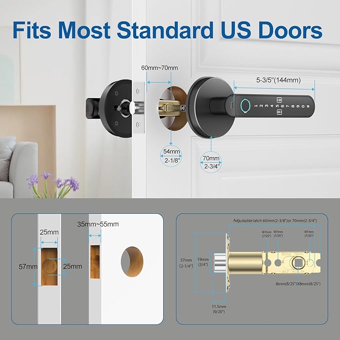 BIWIBON Fingerprint Door Lock – Fingerprint Door Knob with 5 Unlock Options, Anti-Peep Code, Adjustable Auto-Lock, Inside Lock, for Home, Office, Apartment, Bedroom – Black